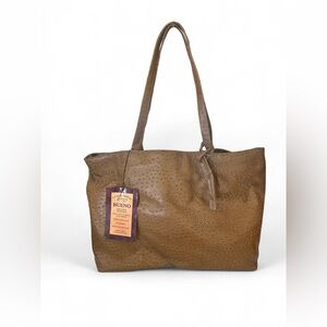 Bueno Gold Mina tan ostrich-pattern vegan leather tote bag.